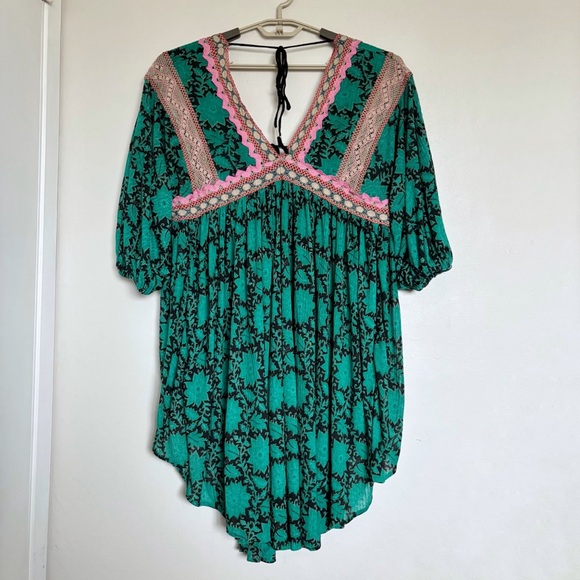 Free People Moon Child Maxi Top Size Small Green Bohemian Flowy Crochet Trim - Picture 2 of 13